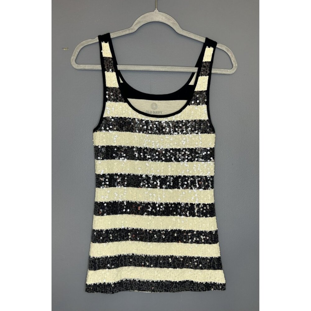 Old Navy Sequin Tank Top Womens M Navy Blue Cream Striped Scoop Neck Layer Party